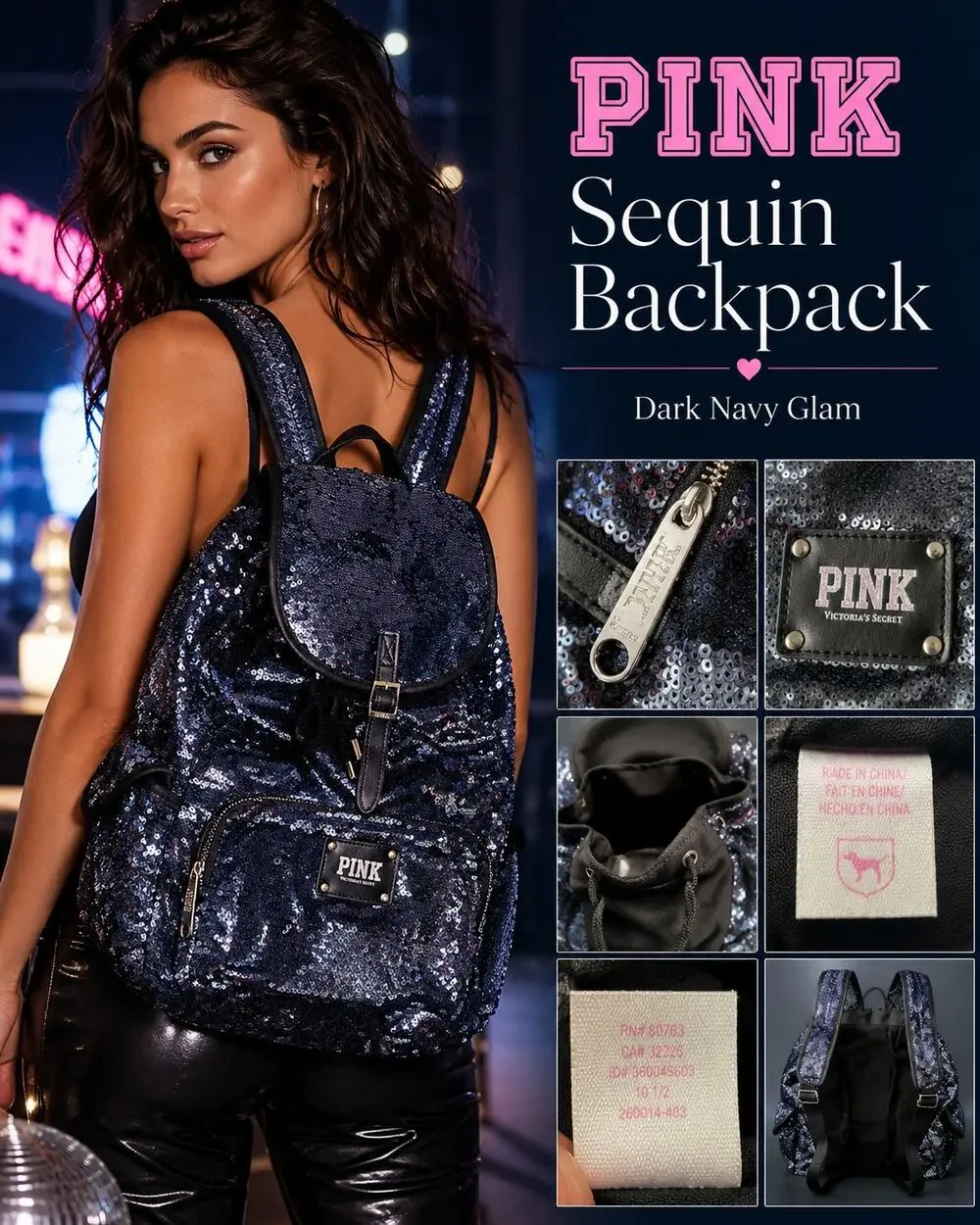 PINK Victoria’s Secret Black Sequin Backpack Drawstring Bag